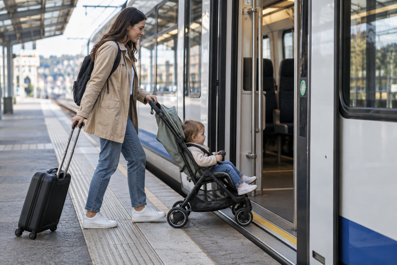 A parent pushes a toddler in a compact stroller onto a train while pulling a small suitcase.