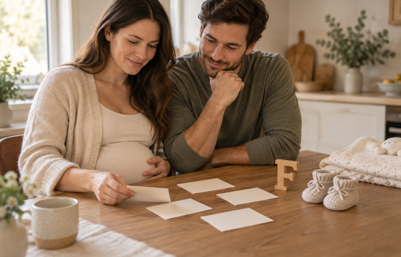 Expectant parents arrange blank name cards beside a wooden letter F and knitted baby booties at a kitchen table.