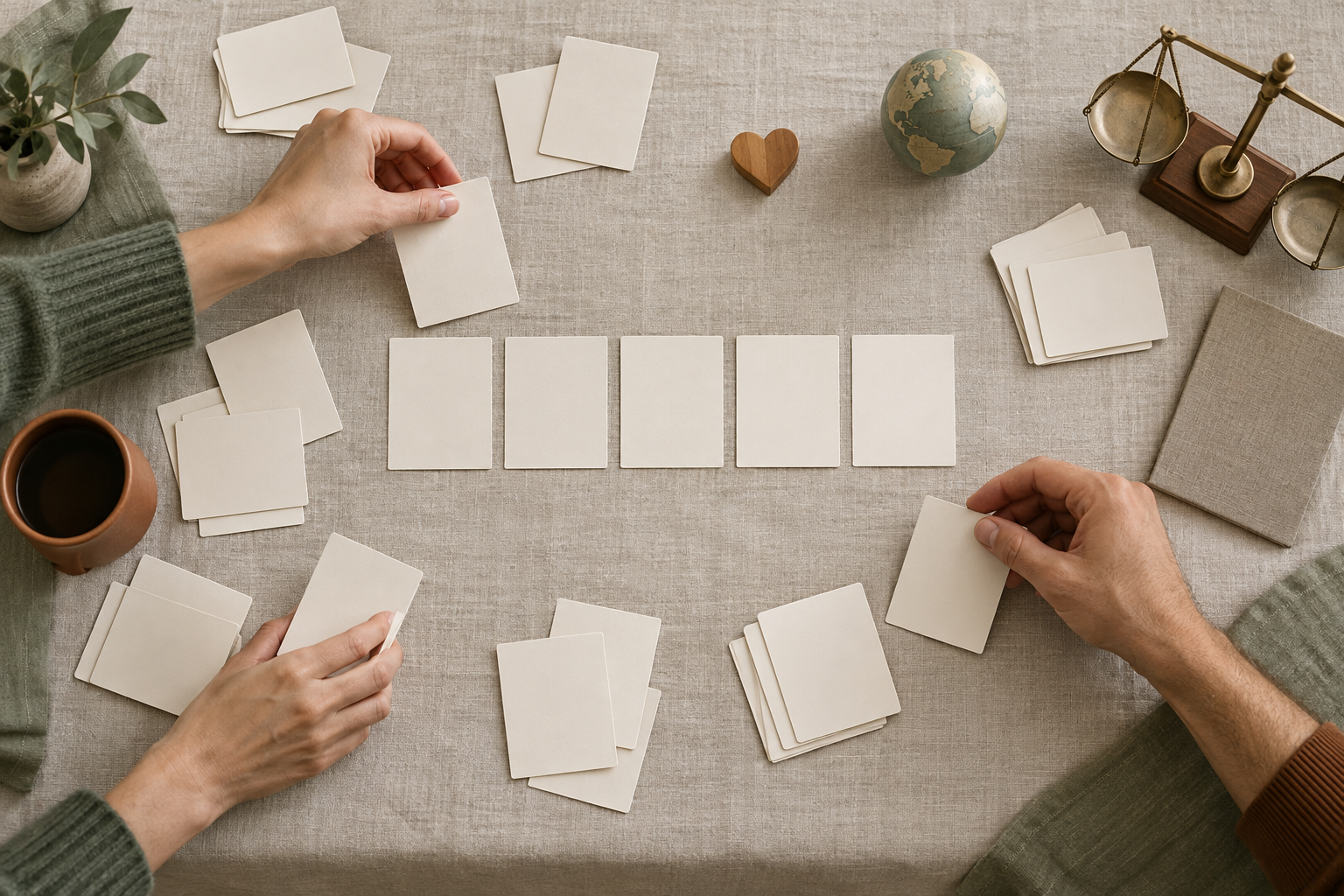 Two people sort blank cards into a shortlist of five beside symbolic objects representing family priorities.