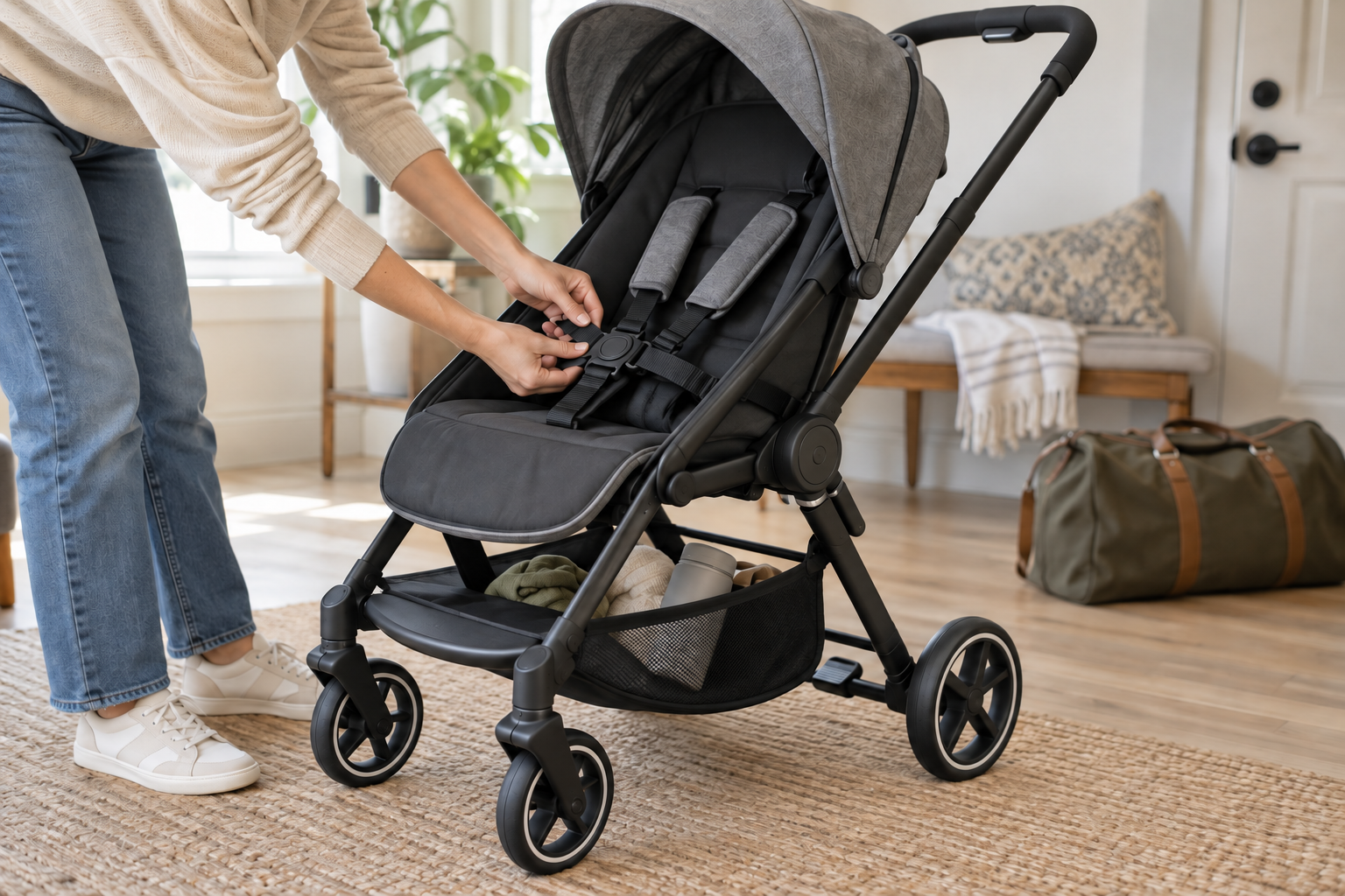 A parent inspects the harness, folding hinge, brake, wheels, and storage basket of a compact stroller at home.