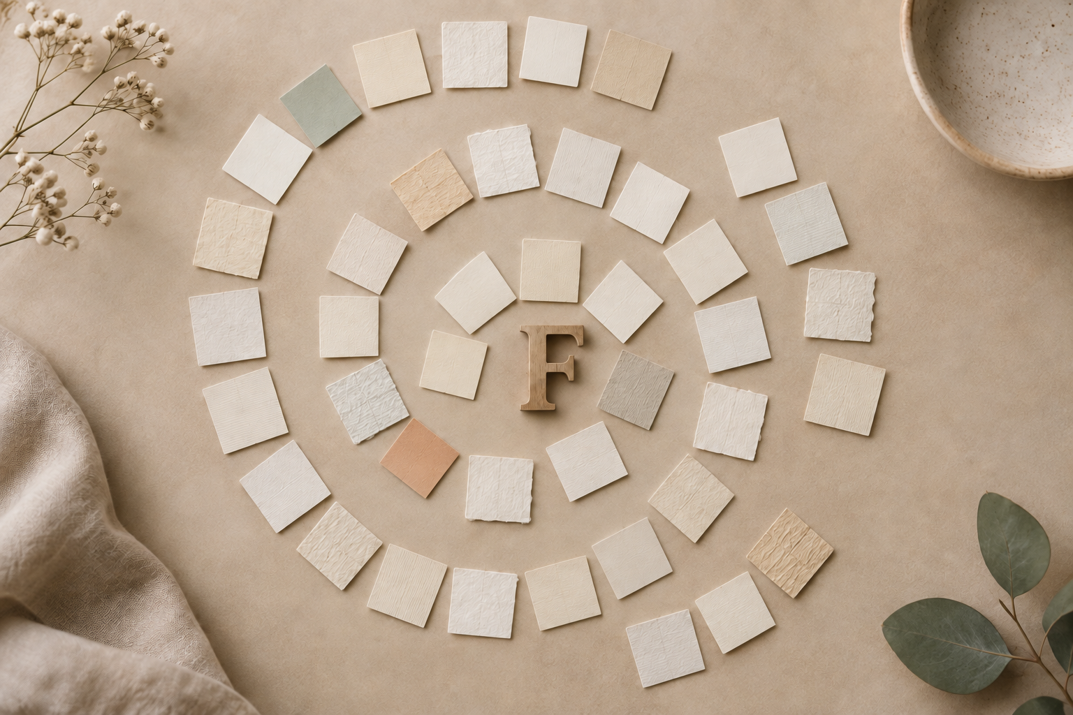 Forty blank paper tiles form a spiral around a wooden letter F on a neutral surface.