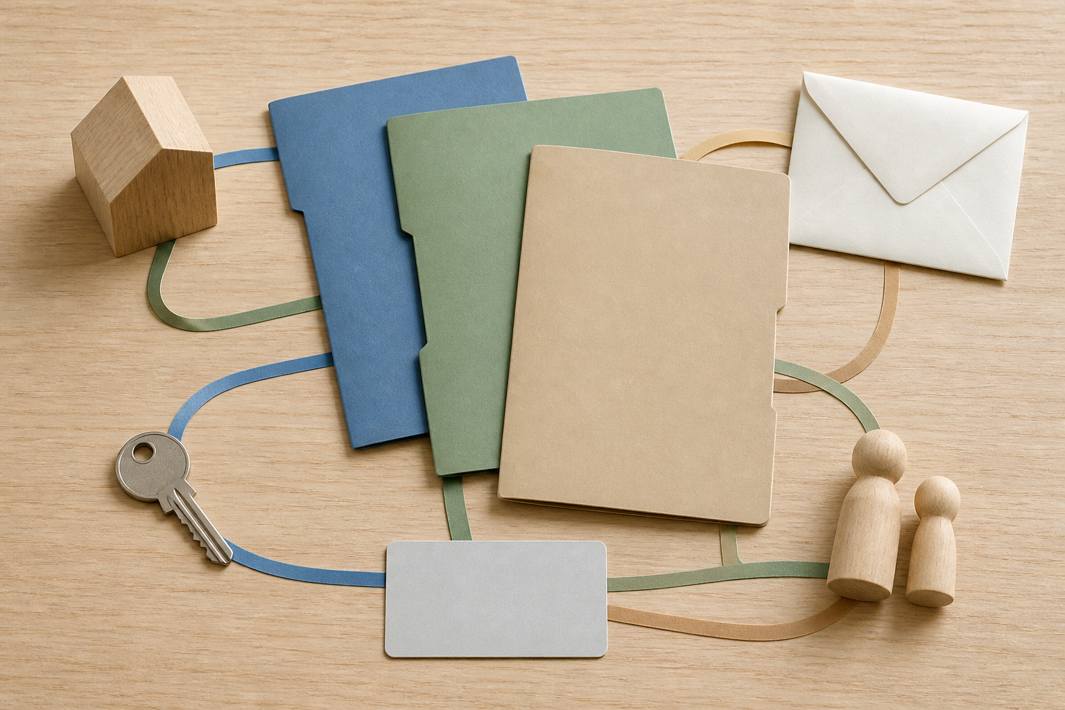 Unlabeled folders, a key, an envelope, a house model, and two wooden figures are arranged as a coordinated estate-planning system.