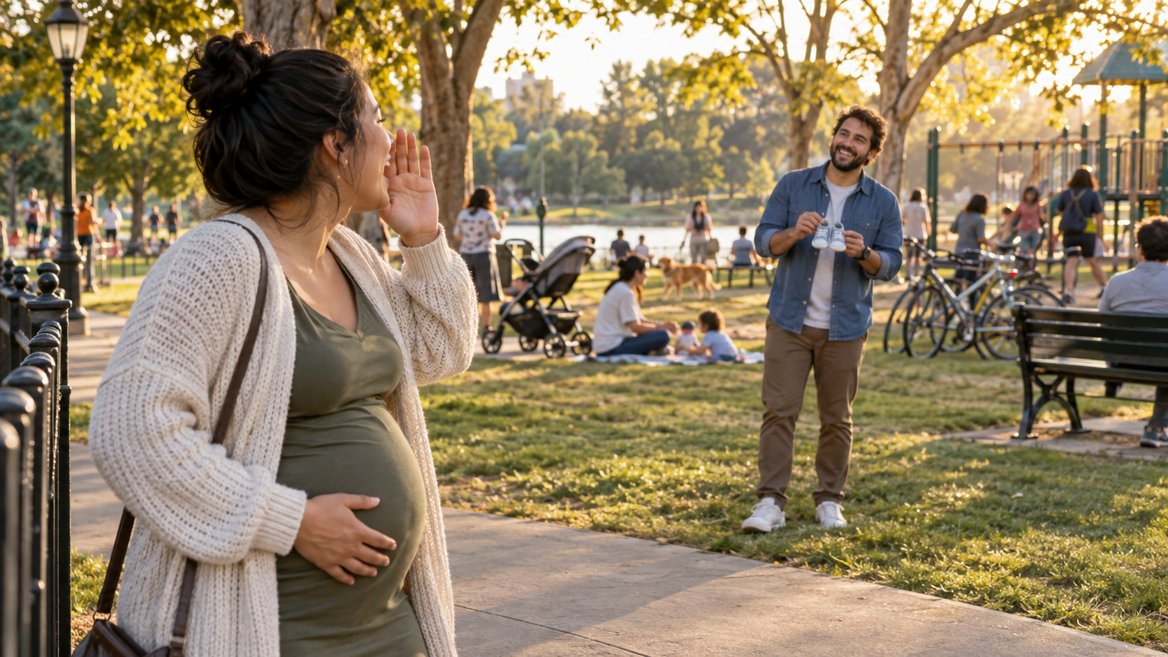 An expectant parent calls across a busy park while their partner holds a pair of baby shoes.
