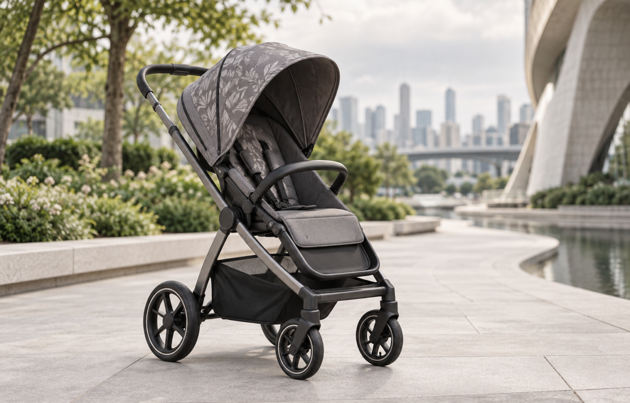 Premium stroller with a partly extended canopy on a stone walkway beside greenery and modern architecture.