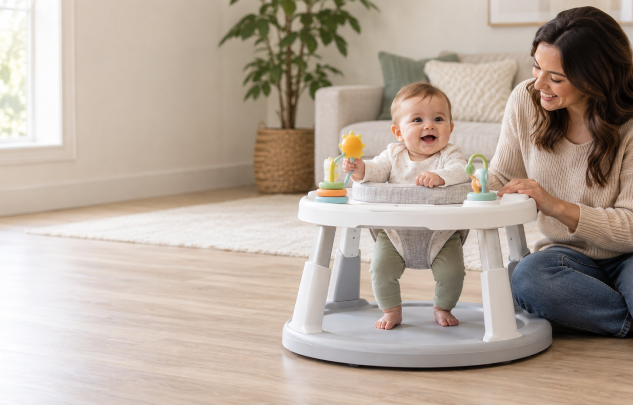 A parent sits beside a baby using a stationary activity center on a clear, flat living-room floor.