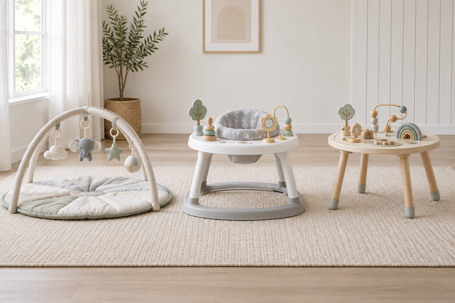 A floor play gym, stationary seated activity center, and standing activity table are displayed side by side.