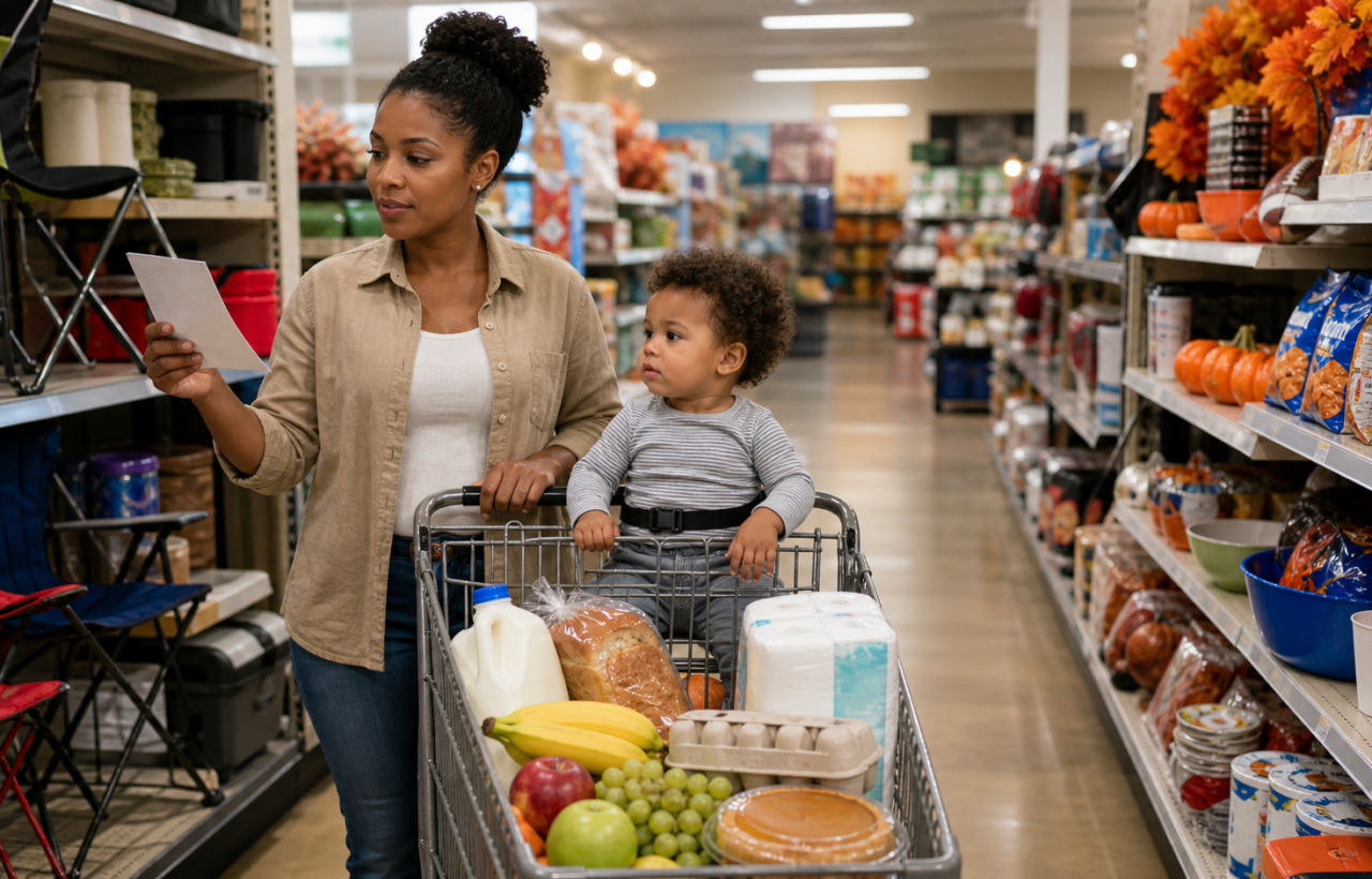 A parent shops with a toddler in a grocery cart containing produce, staples, diapers, paper goods, and one seasonal treat while a middle aisle of household finds appears behind them.