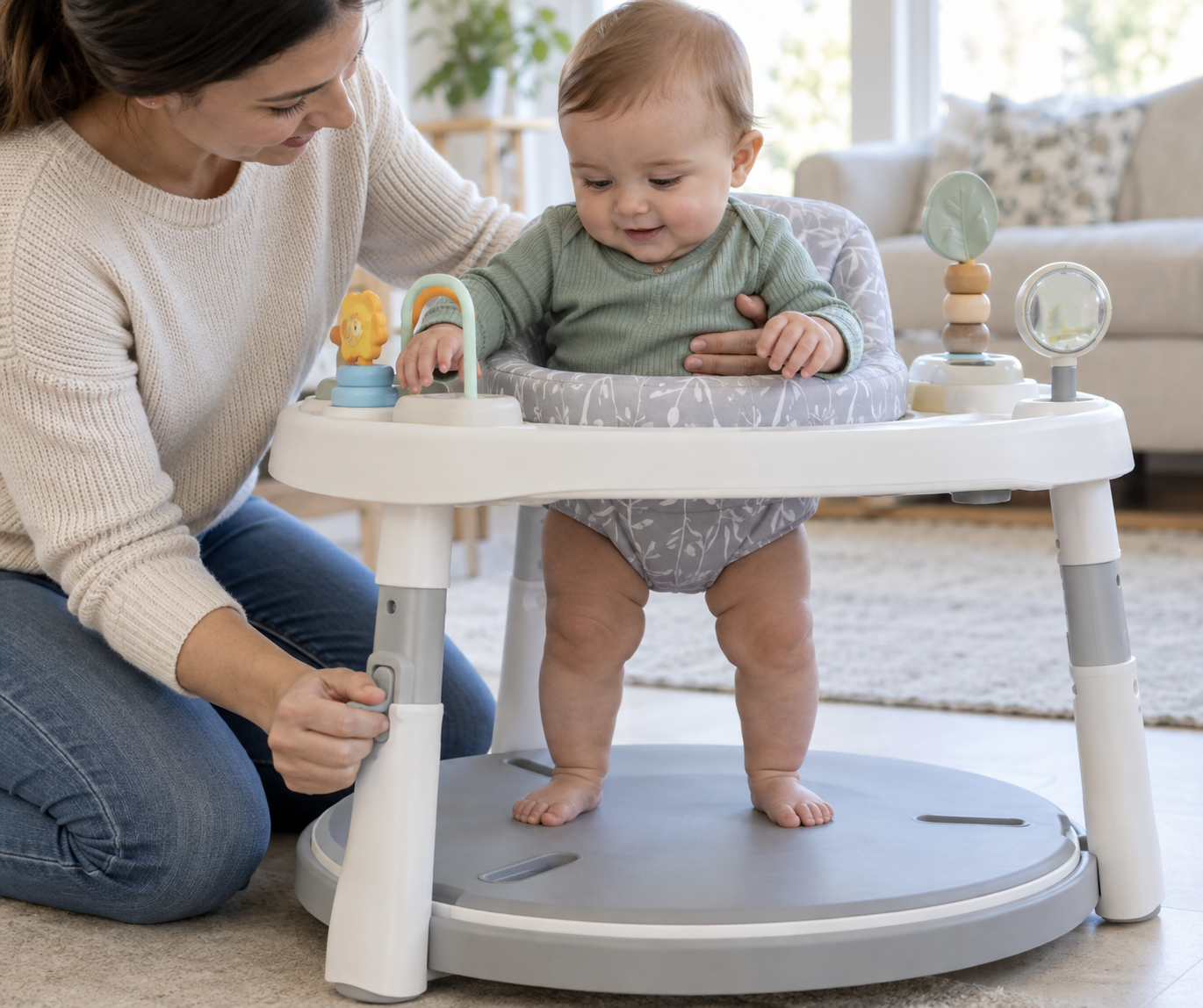 A caregiver checks a baby's seated posture, leg position, and foot contact while adjusting an activity center.