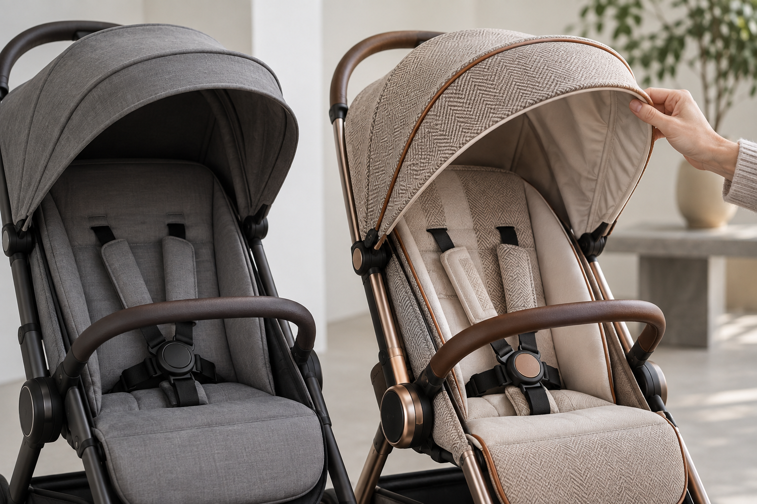 Two stroller seats with different fabrics and finishes displayed side by side as a hand inspects the canopy stitching.