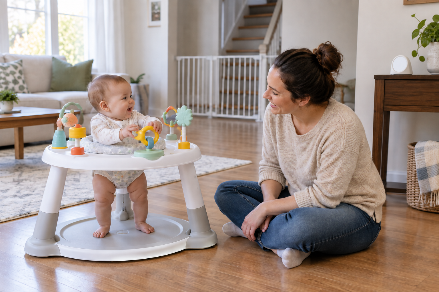 A caregiver closely supervises a baby during a short play session in a stationary activity center.