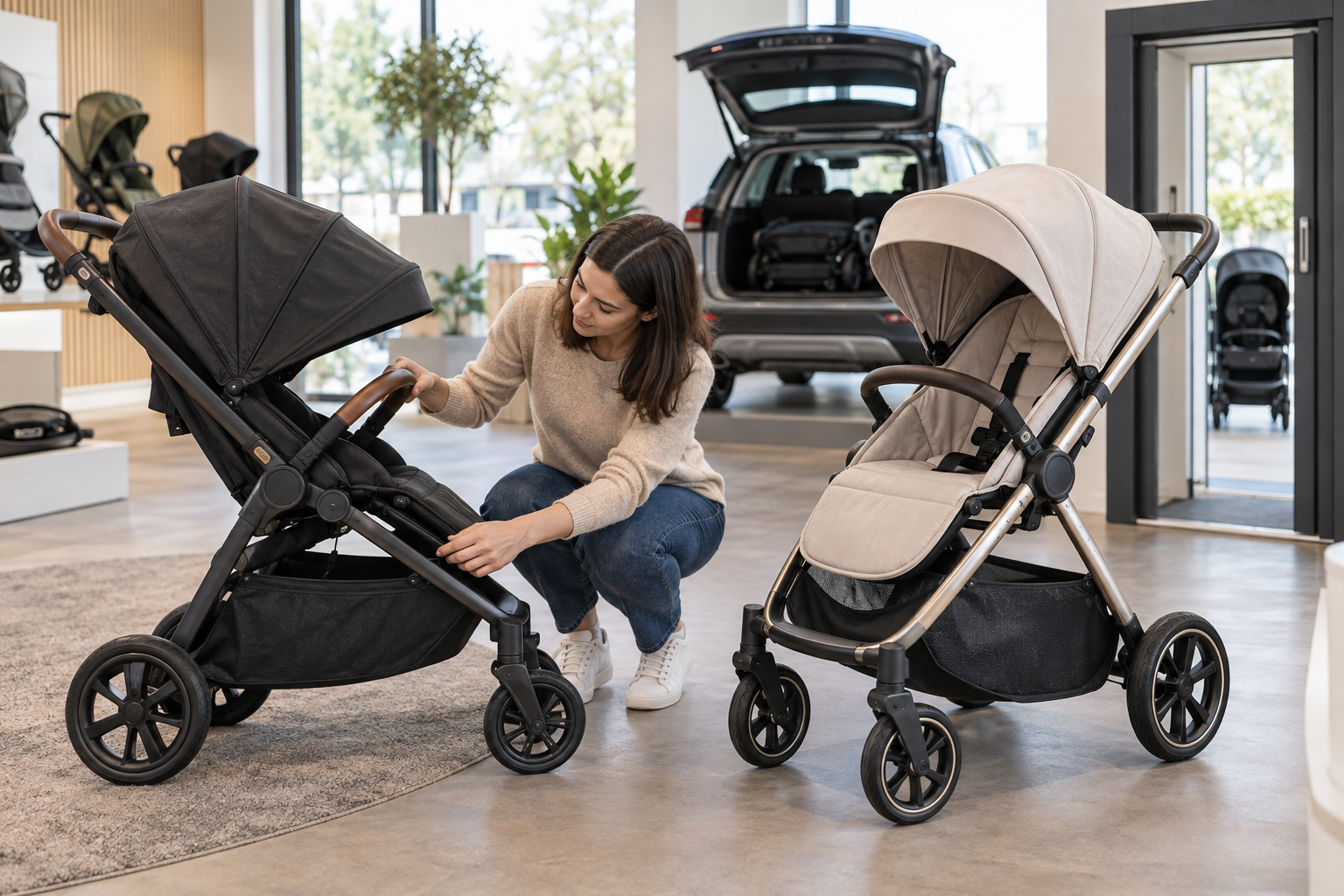 Parent comparing two strollers and checking a folding joint in a showroom with a car trunk and narrow doorway nearby.