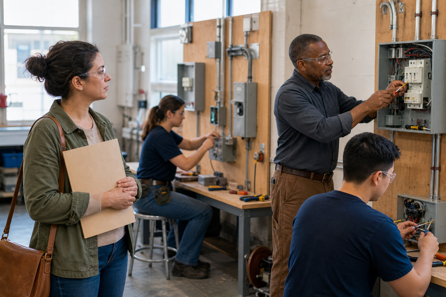 A prospective adult trainee watches an instructor demonstrate electrical work on a practice panel in a training workshop.
