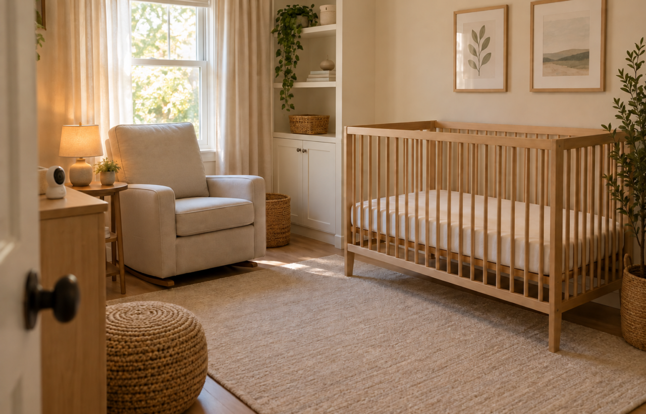 A practical neutral-toned nursery with an empty crib, firm fitted mattress, feeding chair, closed storage, lamp, and baby monitor.