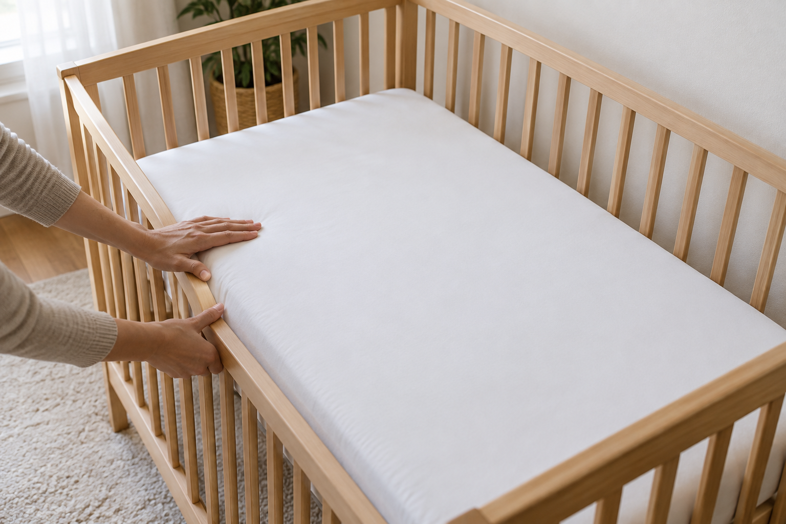 A caregiver checks the firm mattress and snug fitted sheet in an otherwise empty crib.