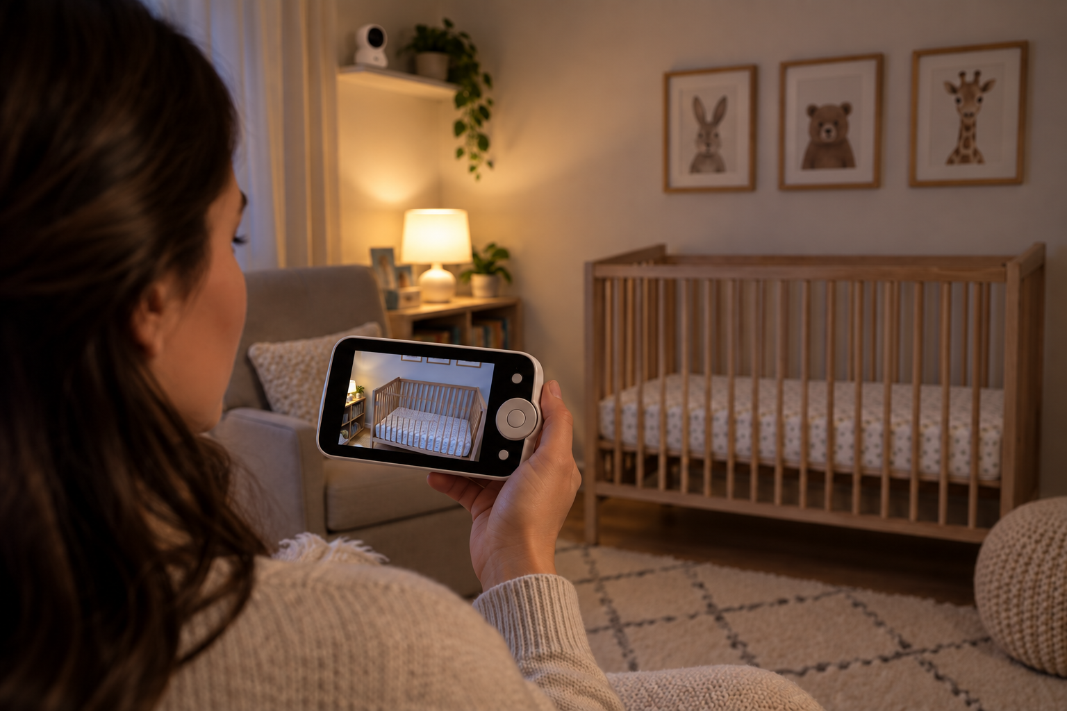 A caregiver views an empty crib on a handheld baby monitor while a camera sits on a shelf away from the crib.