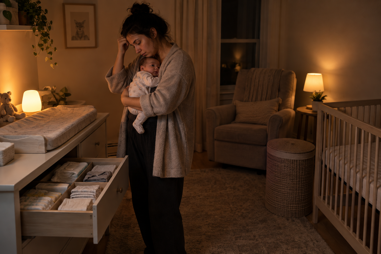 A caregiver holds a newborn beside an organized changing station lit by a dim amber night-light.