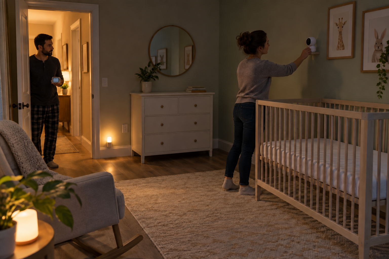 Two caregivers test a nursery monitor and low night-light beside an empty, uncluttered crib.
