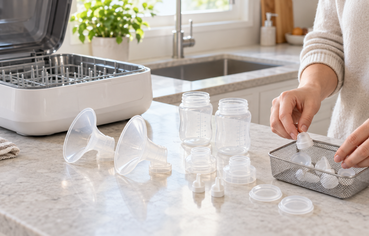 Disassembled breast pump parts being sorted beside an open countertop bottle washer on a clean kitchen counter.