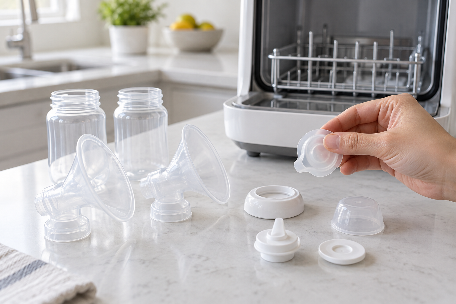 A hand examines a flexible silicone membrane while rigid breast pump parts rest beside an open bottle washer.