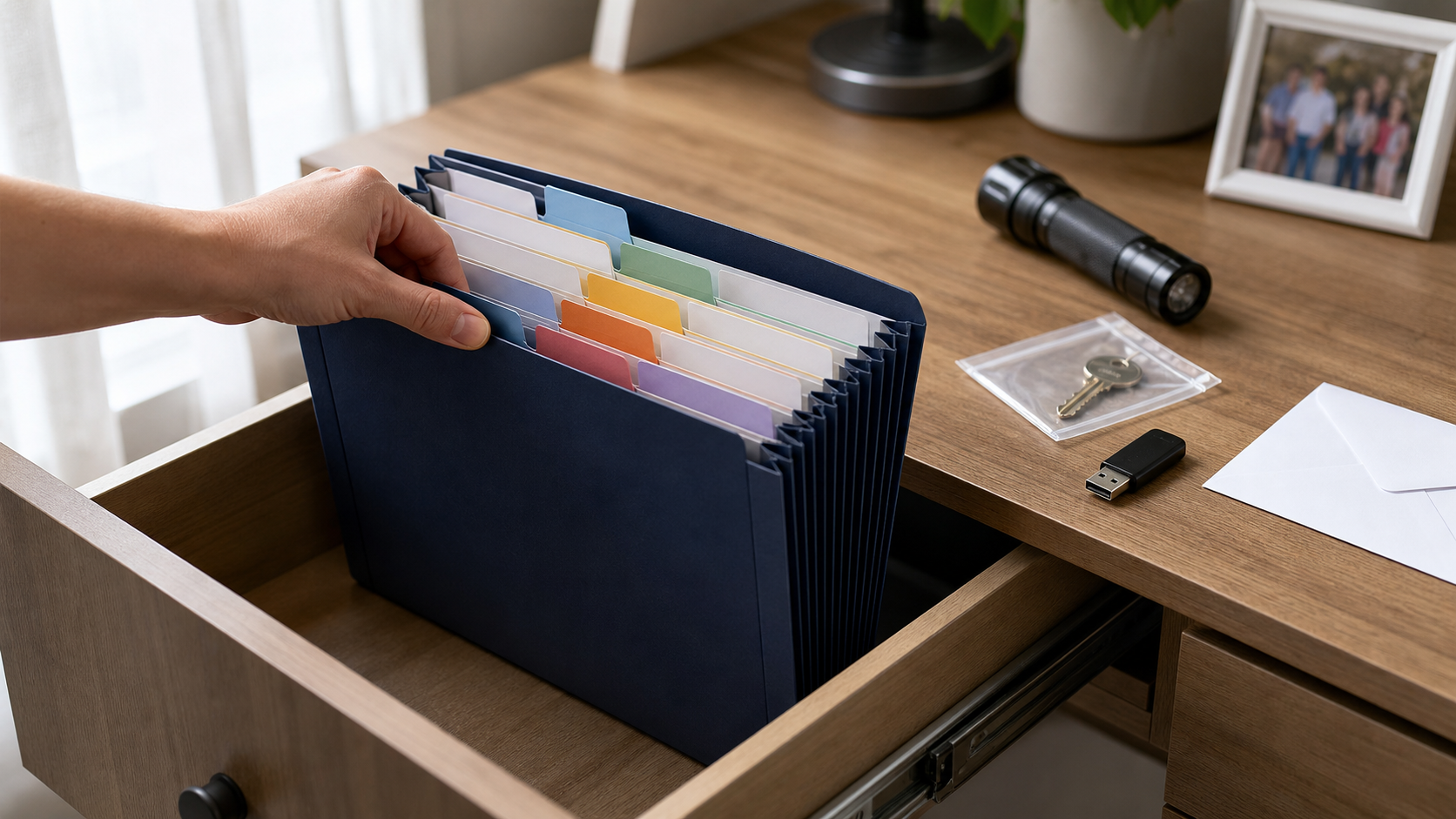 An adult retrieves a color-coded emergency organizer stored with a spare key, USB drive, sealed envelope, and flashlight.