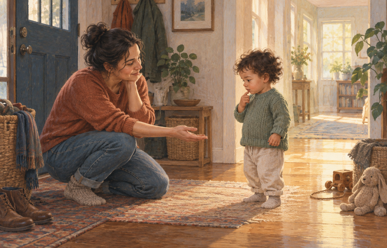 A caregiver kneels with an open hand as a toddler decides whether to come closer or explore the room.