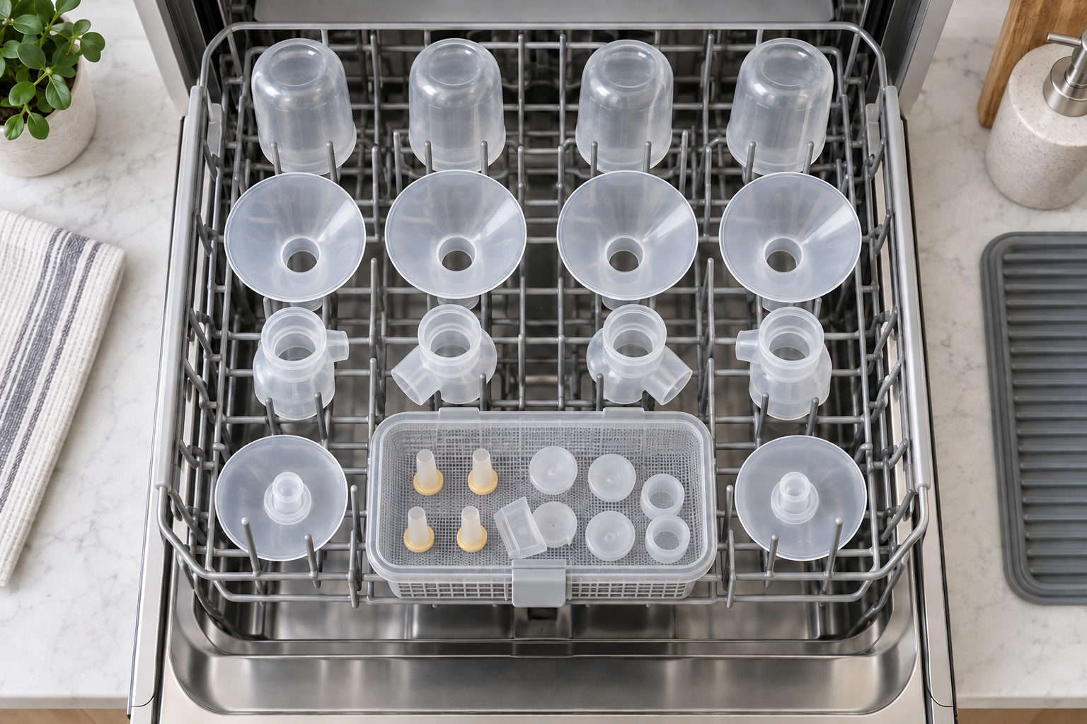 Breast pump bottles, flanges, connectors, valves, and membranes spaced apart in a bottle washer rack and mesh basket.