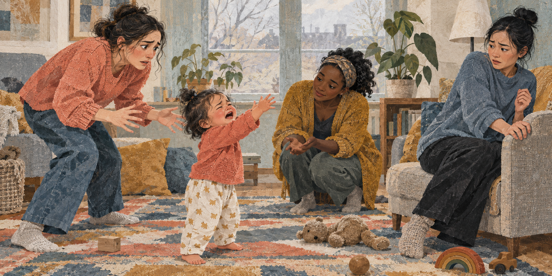 A crying toddler is shown with caregivers reacting by moving closer, pulling away, or calmly crouching nearby.