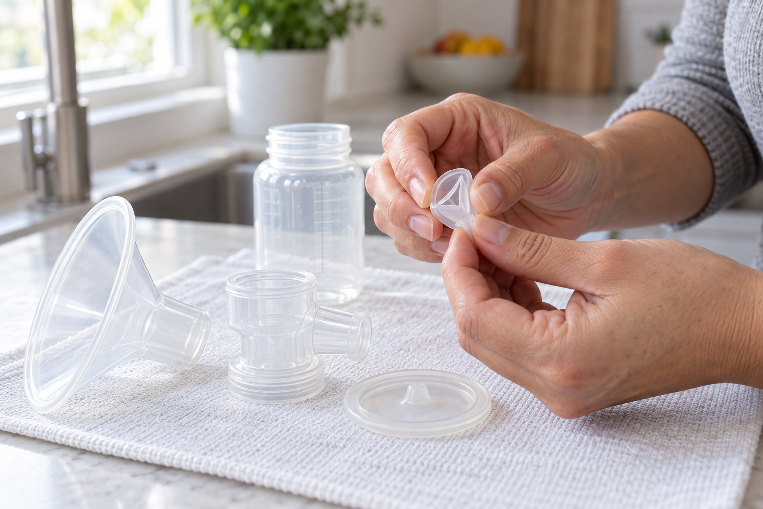 Clean hands inspect a dry silicone valve while other breast pump components rest on a lint-free mat.