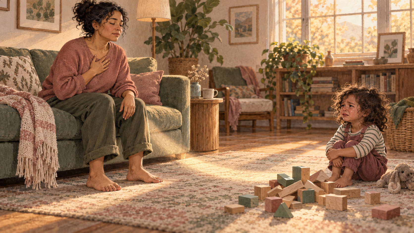 A caregiver takes a grounding breath while an upset child waits beside a fallen block tower.