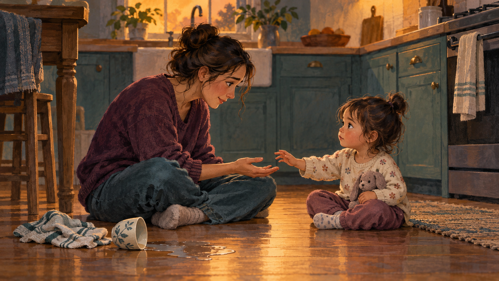 A caregiver and child reconnect on the kitchen floor beside a spilled drink, with their hands reaching toward each other.