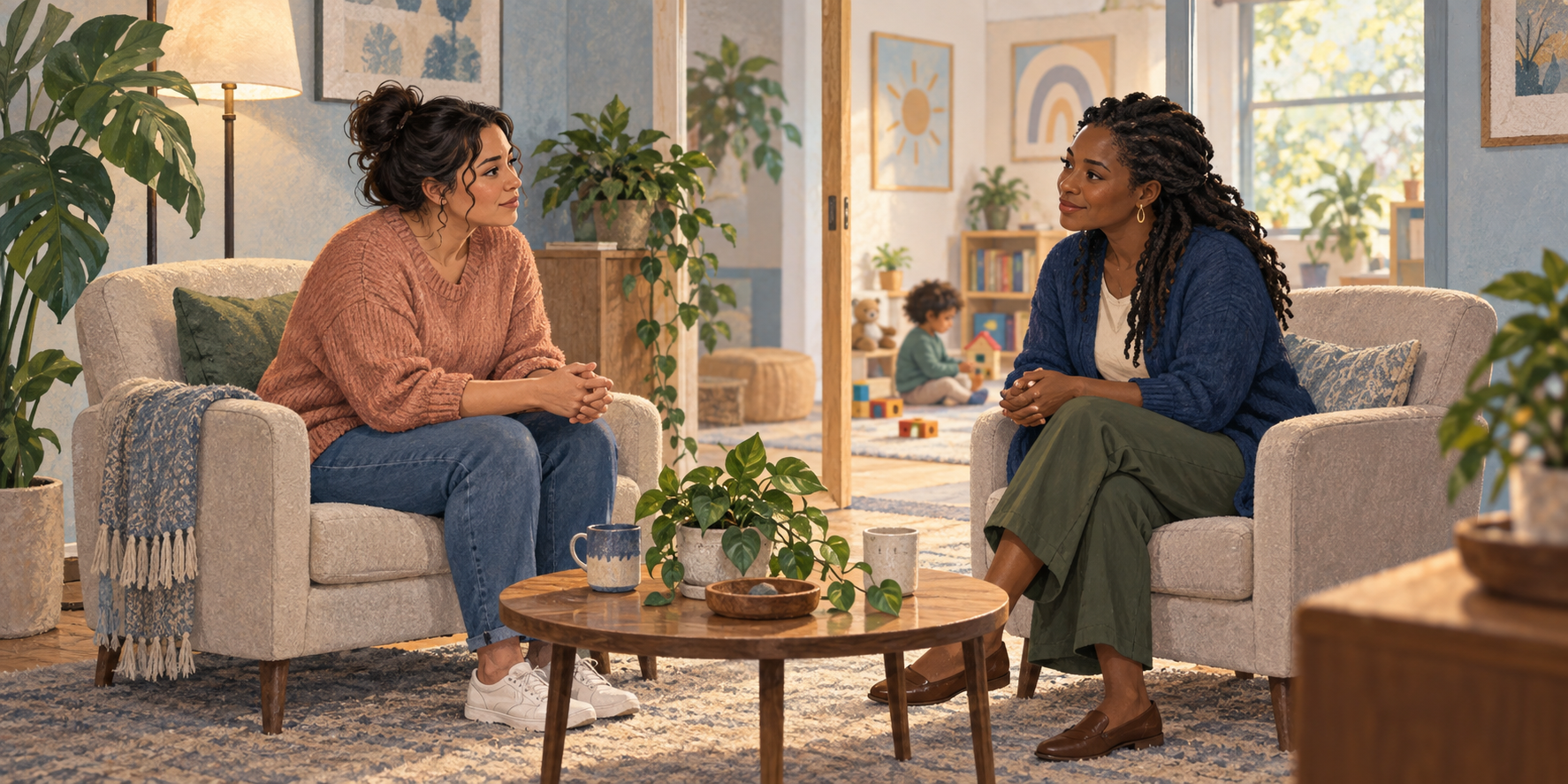 A caregiver speaks with a therapist in a calm counseling room beside a softly lit play area.