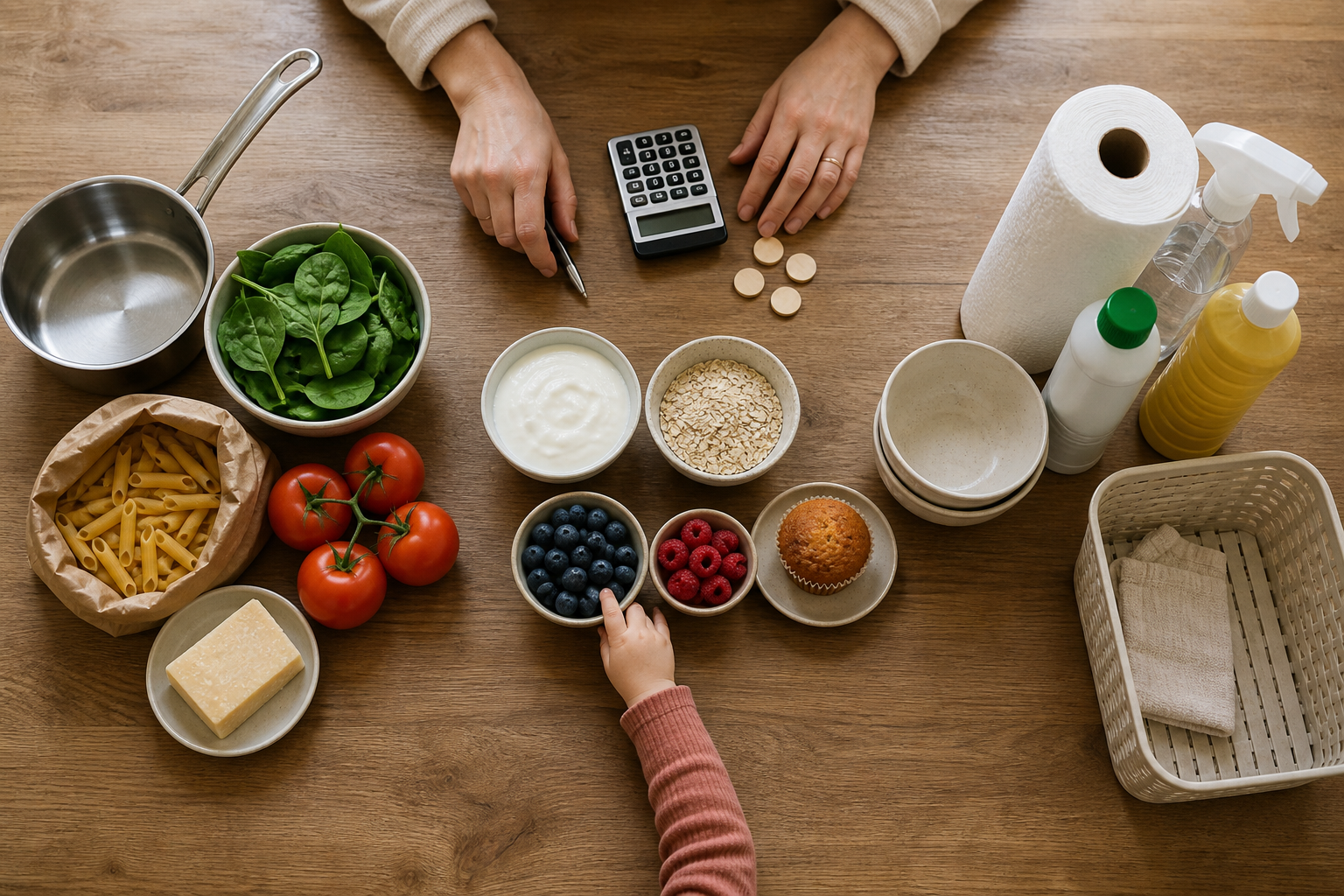 Groceries and household supplies are grouped by planned use on a kitchen table as a parent organizes the haul and a toddler reaches for a berry.
