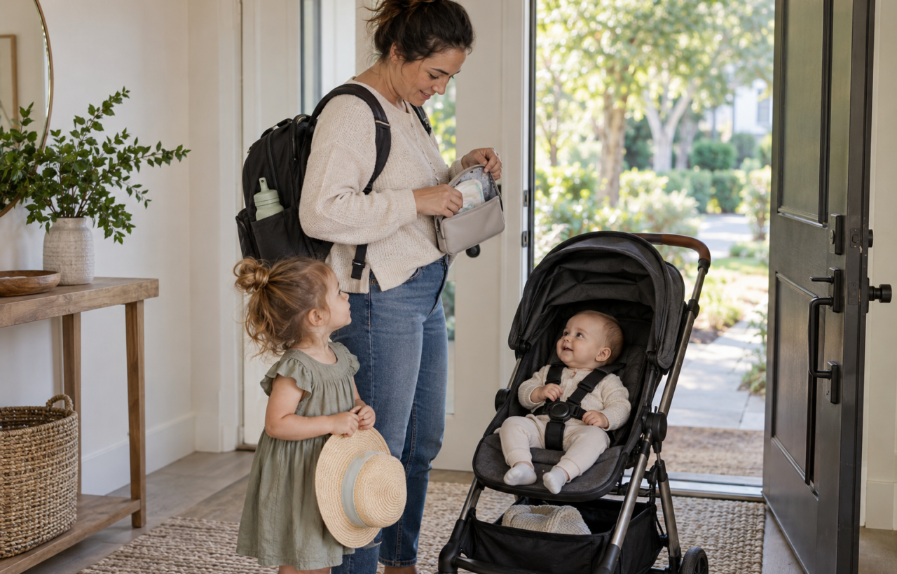 A parent prepares to leave home with a baby in a stroller, a toddler, and a compact diaper backpack beside the open front door.