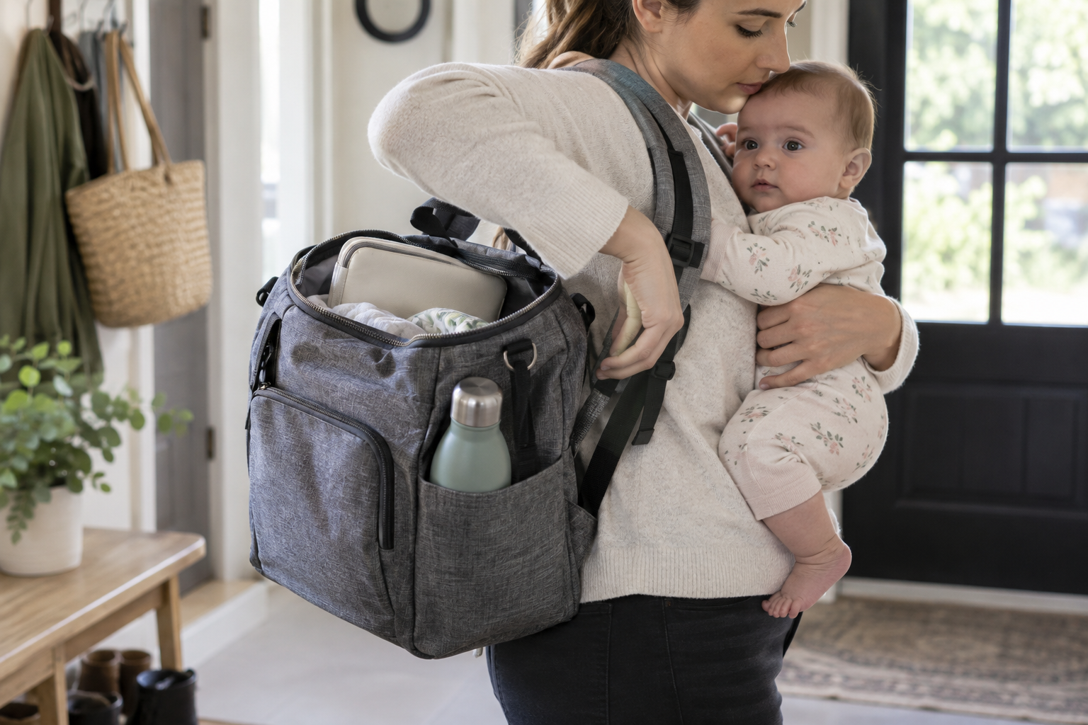 A parent wearing a diaper backpack tests one-handed access to its open main compartment while holding a baby.