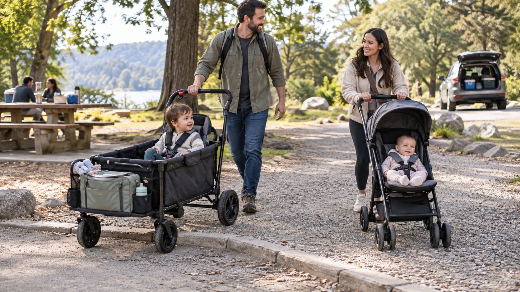 A family uses a stroller wagon and a compact stroller on a park path, with both children secured in their seats.