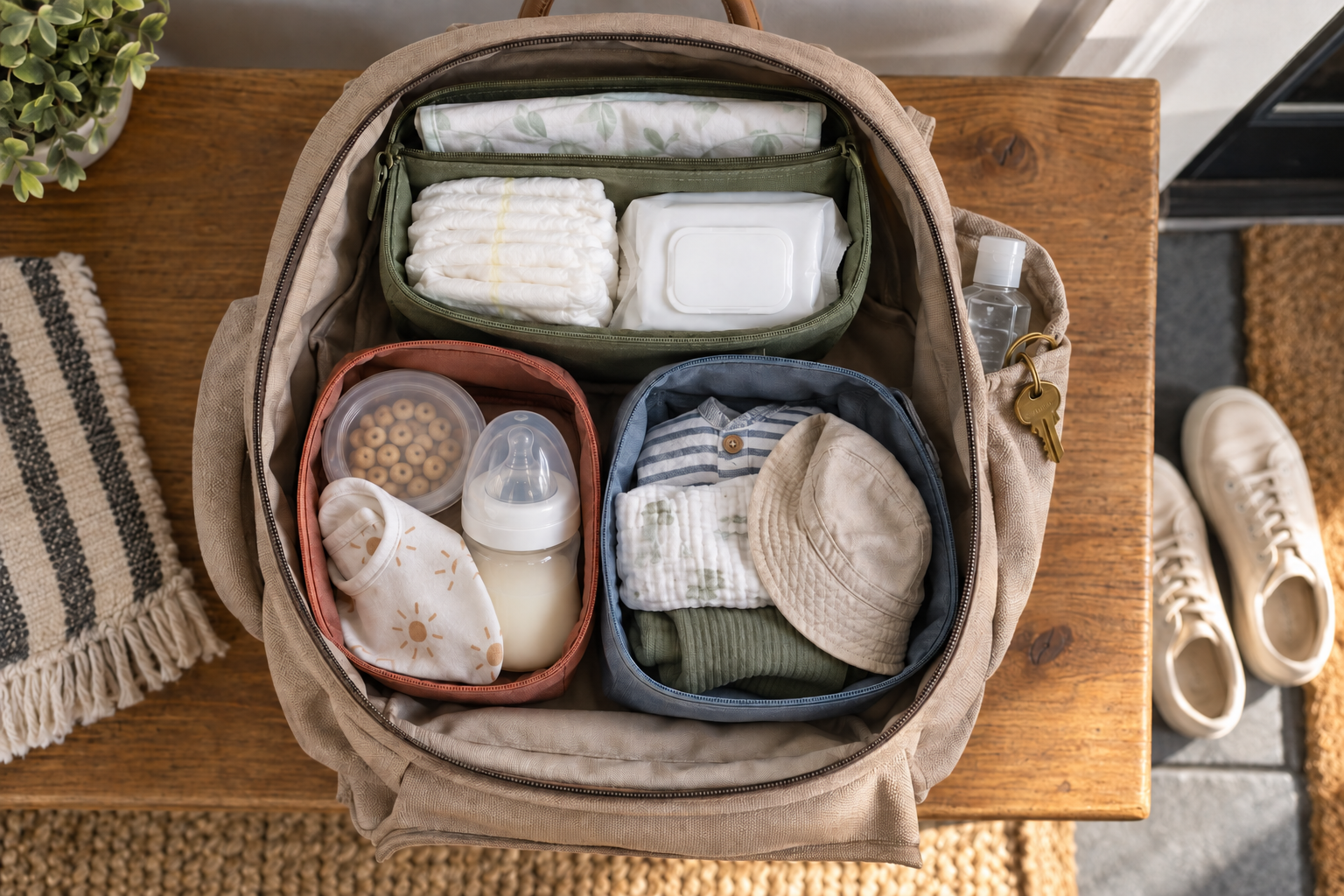 An open diaper backpack is organized with separate pouches for changing, feeding, spare clothing, and weather essentials.