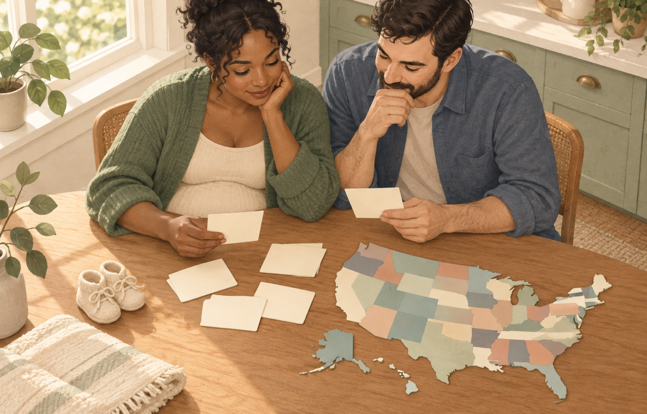 Expectant parents sort blank cards beside an unlabeled paper map of the United States, with baby shoes and a folded blanket nearby.
