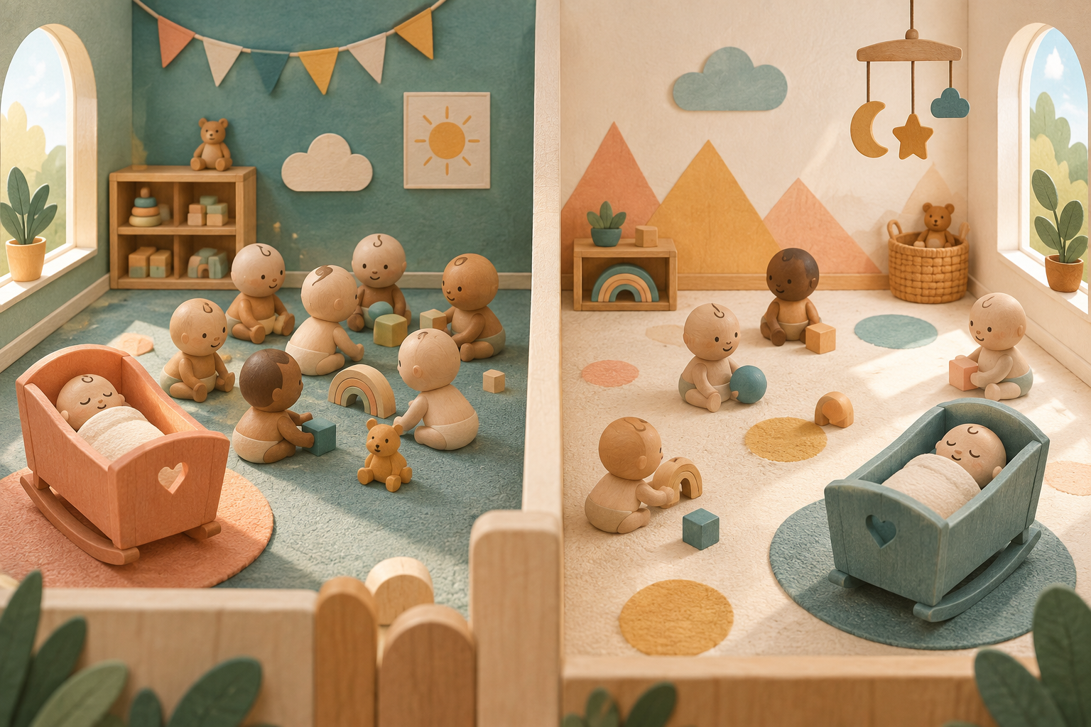 Two stylized nursery play areas show wooden baby figures arranged in different groupings around highlighted cradles.