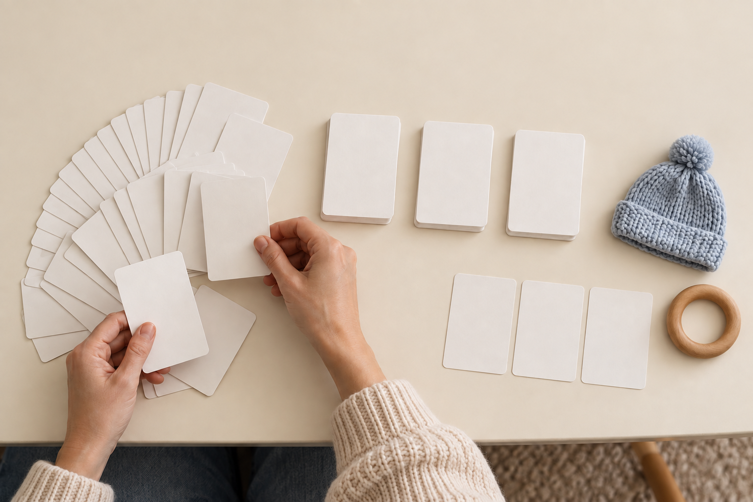 A parent's hands sort blank cards into small stacks beside a knitted baby hat and wooden ring toy.