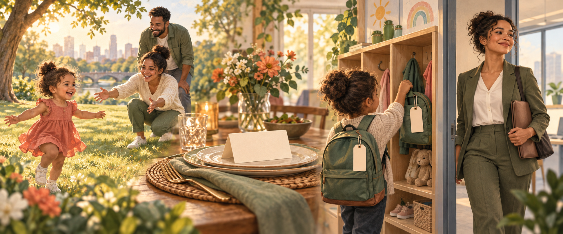 Connected illustrated scenes show a child at a park, a family table setting, a preschool cubby with a blank backpack tag, and the child imagined as an adult.