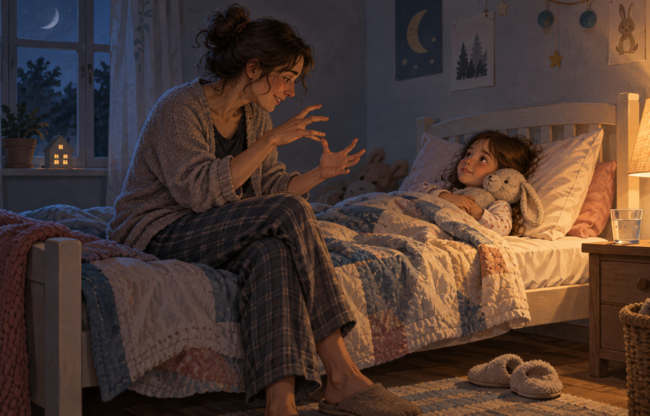 A tired parent makes up a bedtime story for a child holding a stuffed rabbit in a softly lit bedroom.