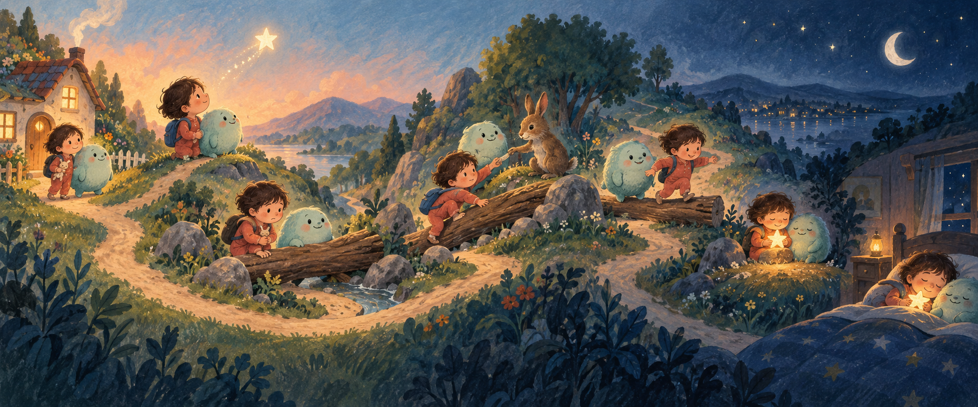 A child and a friendly creature move through eight simple illustrated story moments and end safely in bed.