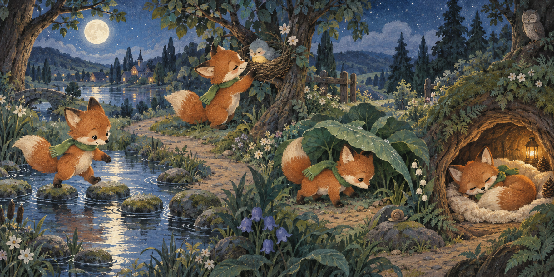 The same scarf-wearing fox appears in several gentle adventures across a continuous moonlit landscape.
