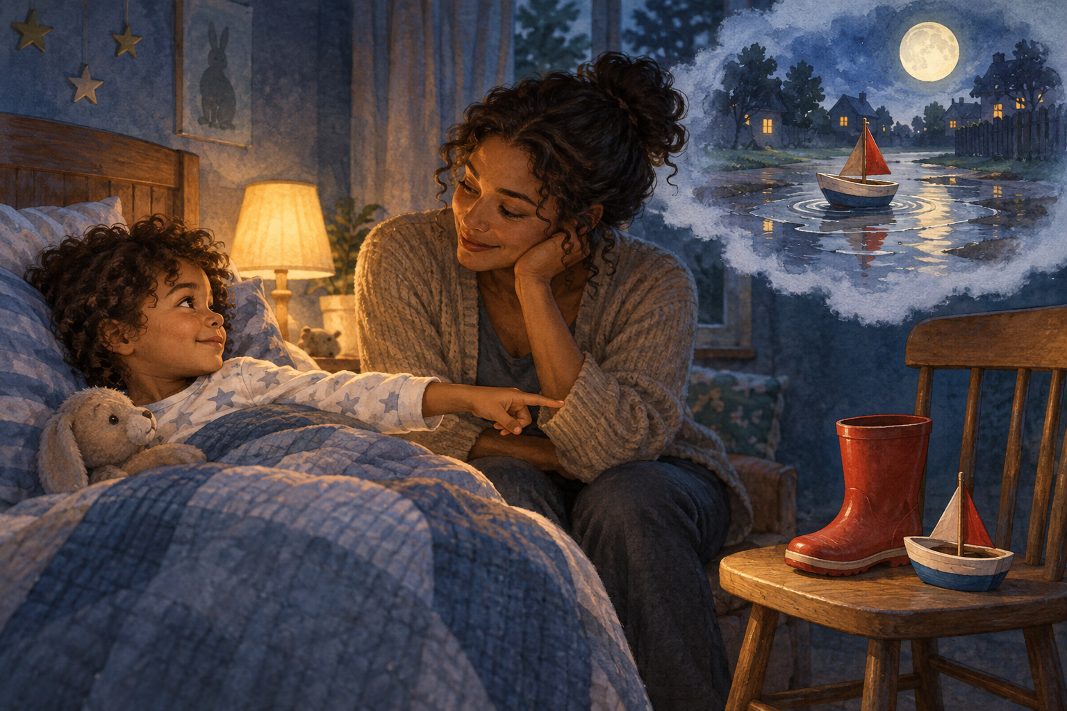 A parent listens as a child points to a rain boot and toy boat, with an imagined moonlit puddle adventure above them.