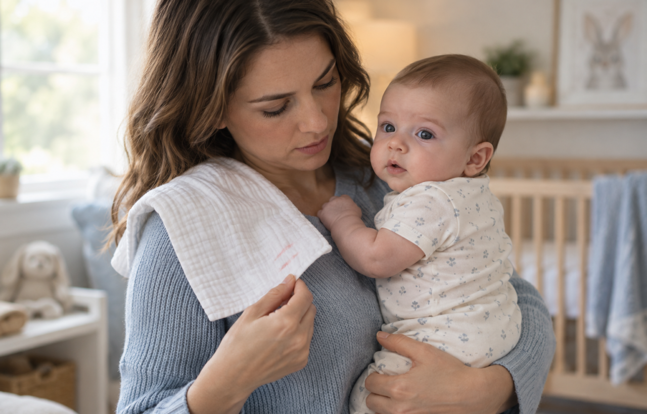 A parent holds an alert infant upright and examines a burp cloth with two small pink streaks after feeding.