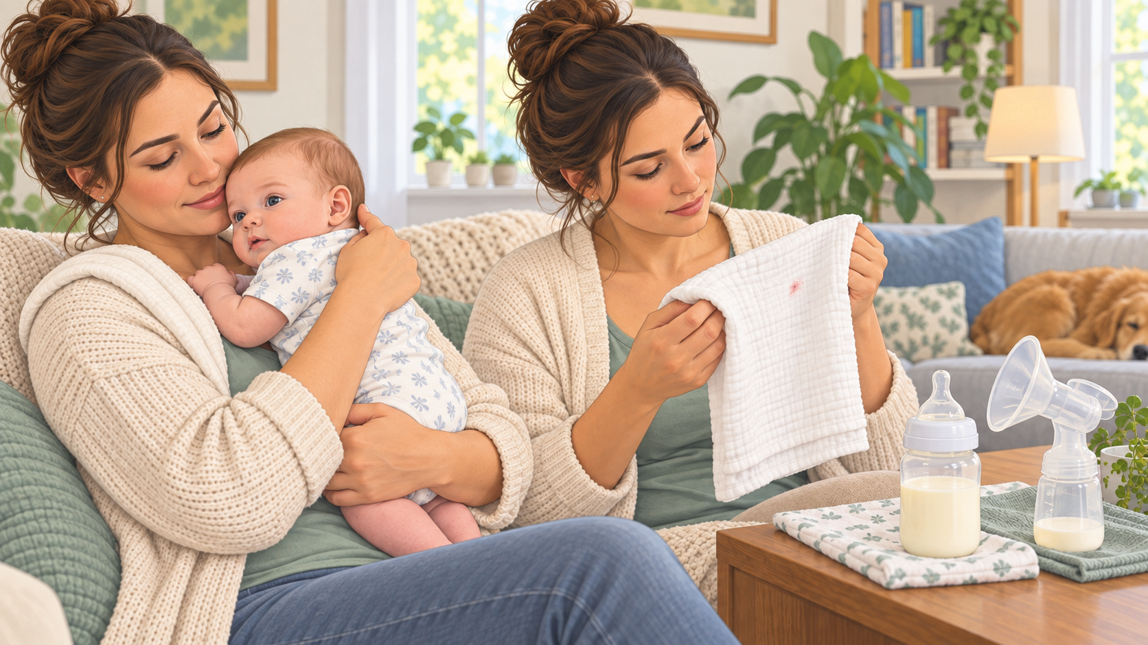 Three illustrated feeding-related scenes show an alert baby, a caregiver checking a cloth with a small pink fleck, and plain feeding supplies.