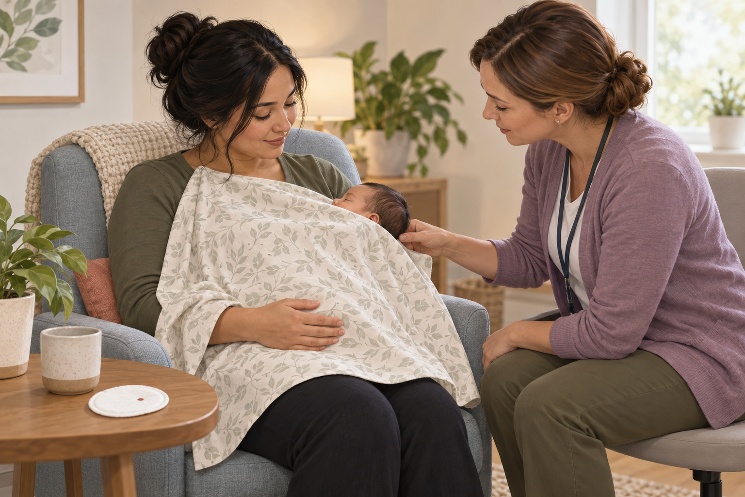 A lactation clinician observes a breastfeeding baby's latch beside a nursing pad with a tiny reddish spot.