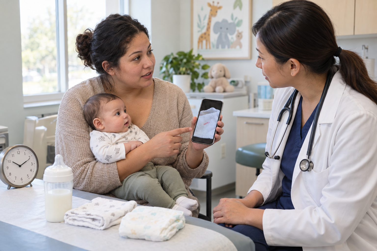 A parent shows a pediatric clinician a phone photo of a small pink streak while holding an alert infant in an exam room.