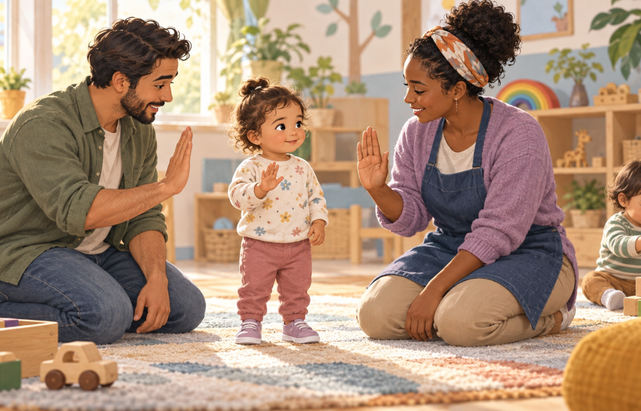A parent and daycare educator kneel beside a toddler and model the same open-palm pause gesture in a bright playroom.