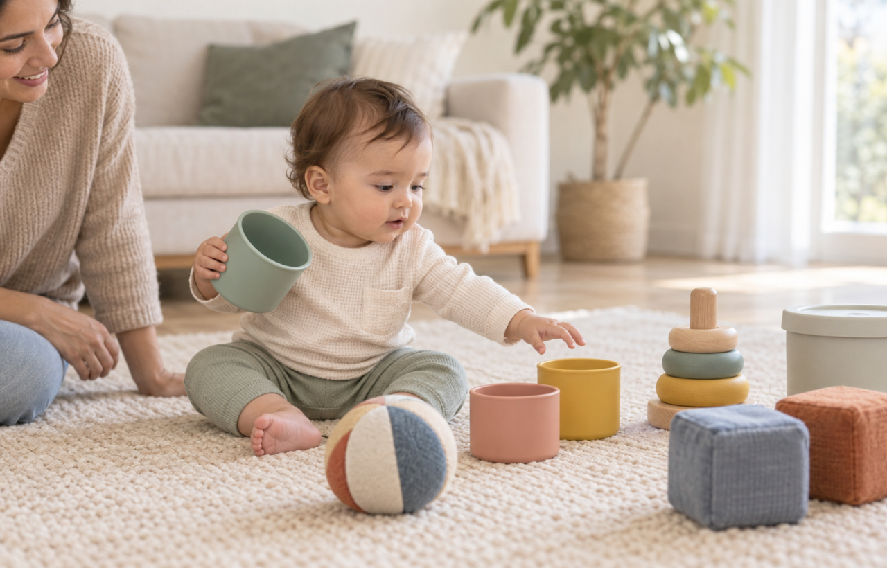 A 10-month-old baby explores nesting cups and other large, simple toys on a play mat while a caregiver sits nearby.
